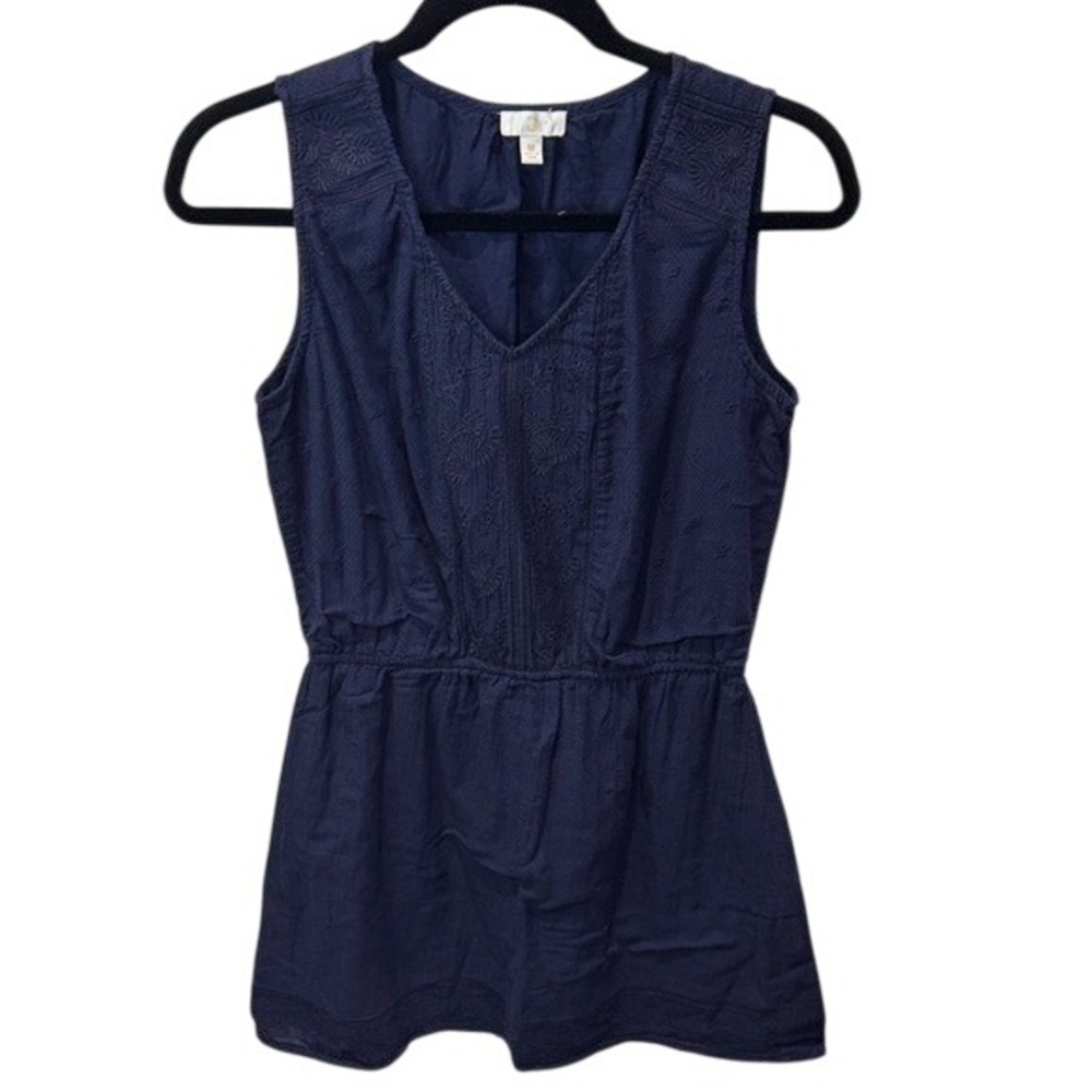 Navy Blue Sleeveless Top Embroidered‎ Details Cinched Waist Casual Dress